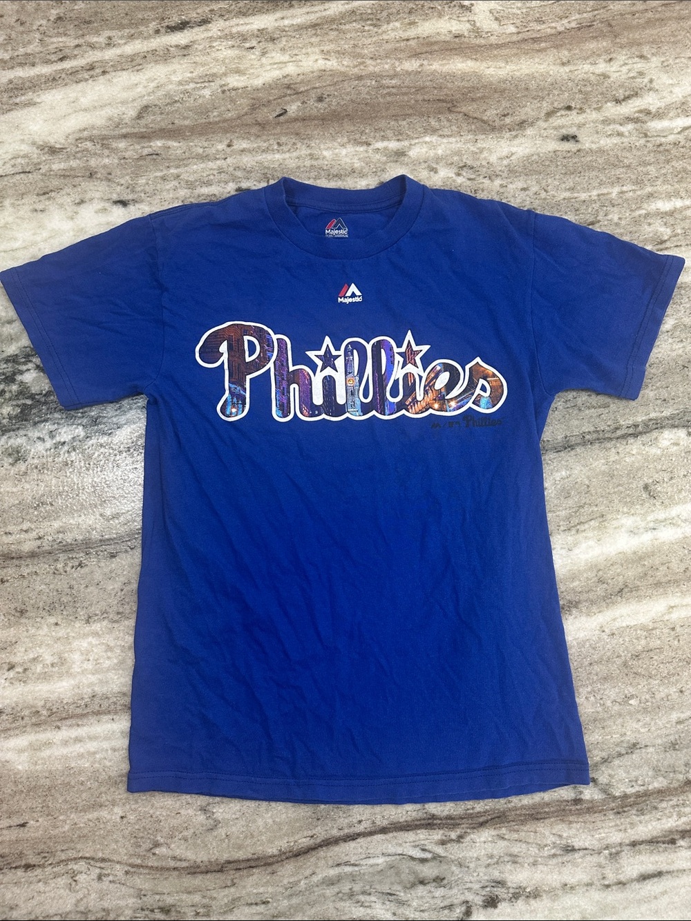 PHILADELPHIA PHILLIES Center City Logo Majestic Adult Tee Shirt Royal Blue Sz S
